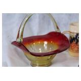 Assorted Vintage Ceramic Mugs, Glass Basket, Pitcher, and Collectible Car Model