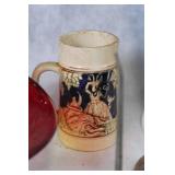 Assorted Vintage Ceramic Mugs, Glass Basket, Pitcher, and Collectible Car Model