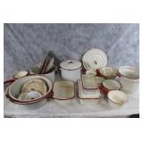 Collection of Vintage White and Red Enamel Cookware and Baking Dishes