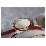 Collection of Vintage White and Red Enamel Cookware and Baking Dishes