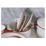 Collection of Vintage White and Red Enamel Cookware and Baking Dishes