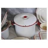 Collection of Vintage White and Red Enamel Cookware and Baking Dishes