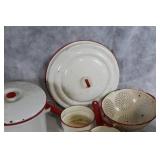 Collection of Vintage White and Red Enamel Cookware and Baking Dishes