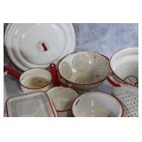 Collection of Vintage White and Red Enamel Cookware and Baking Dishes