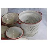 Collection of Vintage White and Red Enamel Cookware and Baking Dishes