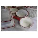 Collection of Vintage White and Red Enamel Cookware and Baking Dishes