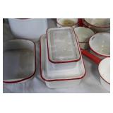 Collection of Vintage White and Red Enamel Cookware and Baking Dishes