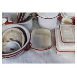 Collection of Vintage White and Red Enamel Cookware and Baking Dishes
