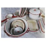 Collection of Vintage White and Red Enamel Cookware and Baking Dishes