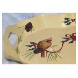 Decorative Metal Holiday Tray with Cardinal and Pinecone Design