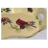 Decorative Metal Holiday Tray with Cardinal and Pinecone Design