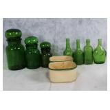 Collection of Vintage Green Glass Bottles and Canisters