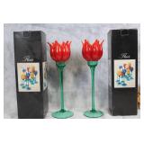 Pair of Flair 2001 Red Glass Tulip Flower Candle Holders