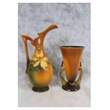 Pair of Roseville Pottery Vases with Yellow Flower and Pinecone Motifs