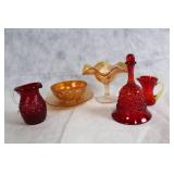 Set of 6 Vintage Glassware Pieces in Amberina and Carnival Glass