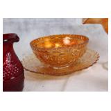 Set of 6 Vintage Glassware Pieces in Amberina and Carnival Glass