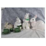 Set of Ceramic Bunny Figurines and Decorative Green Tea Cups