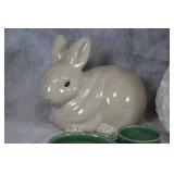 Set of Ceramic Bunny Figurines and Decorative Green Tea Cups