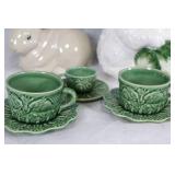 Set of Ceramic Bunny Figurines and Decorative Green Tea Cups