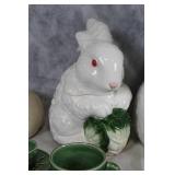 Set of Ceramic Bunny Figurines and Decorative Green Tea Cups