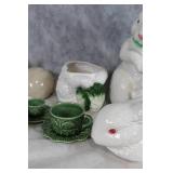 Set of Ceramic Bunny Figurines and Decorative Green Tea Cups