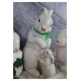 Set of Ceramic Bunny Figurines and Decorative Green Tea Cups