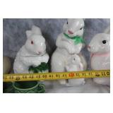 Set of Ceramic Bunny Figurines and Decorative Green Tea Cups