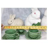 Set of Ceramic Bunny Figurines and Decorative Green Tea Cups