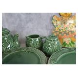 Green and Nature-Themed Ceramic Dish Set with Animal and Floral Designs