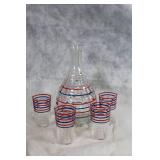 Vintage Glass Carafe and Tumbler Set with Red and Blue Stripes