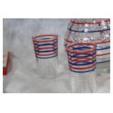 Vintage Glass Carafe and Tumbler Set with Red and Blue Stripes