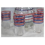 Vintage Glass Carafe and Tumbler Set with Red and Blue Stripes