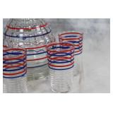 Vintage Glass Carafe and Tumbler Set with Red and Blue Stripes