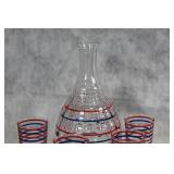 Vintage Glass Carafe and Tumbler Set with Red and Blue Stripes