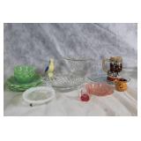 Vintage Glassware Collection with Green Lotus Bowls, Pink Plates, and More