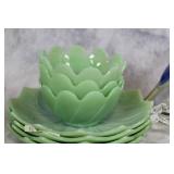 Vintage Glassware Collection with Green Lotus Bowls, Pink Plates, and More