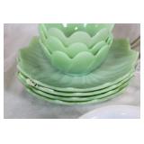 Vintage Glassware Collection with Green Lotus Bowls, Pink Plates, and More
