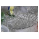 Vintage Glassware Collection with Green Lotus Bowls, Pink Plates, and More