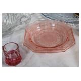Vintage Glassware Collection with Green Lotus Bowls, Pink Plates, and More