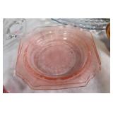 Vintage Glassware Collection with Green Lotus Bowls, Pink Plates, and More