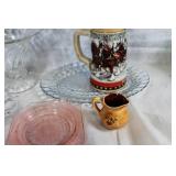 Vintage Glassware Collection with Green Lotus Bowls, Pink Plates, and More