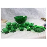 Vintage Forest Green Depression Glass Punch Set with 10 Cups and Bowl