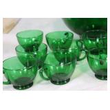 Vintage Forest Green Depression Glass Punch Set with 10 Cups and Bowl