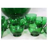 Vintage Forest Green Depression Glass Punch Set with 10 Cups and Bowl