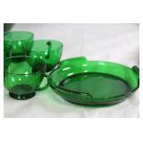 Vintage Forest Green Depression Glass Punch Set with 10 Cups and Bowl