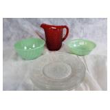 Vintage Glassware Set: Imperial Ruby Pitcher & Jadeite Bowls with Decorative Plates