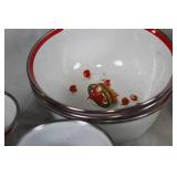 Set of Vintage Christmas Enamelware with Snowman and Christmas Tree Designs