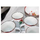 Set of Vintage Christmas Enamelware with Snowman and Christmas Tree Designs