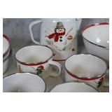 Set of Vintage Christmas Enamelware with Snowman and Christmas Tree Designs