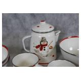 Set of Vintage Christmas Enamelware with Snowman and Christmas Tree Designs